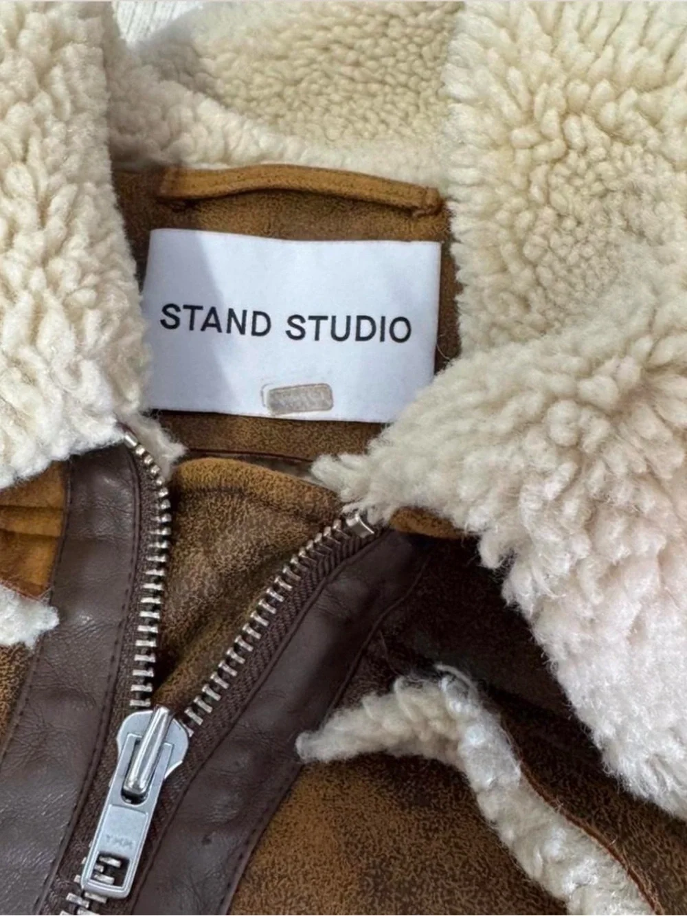 Stand Studio Brown Leather Aviator Jacket with Cream Shearling